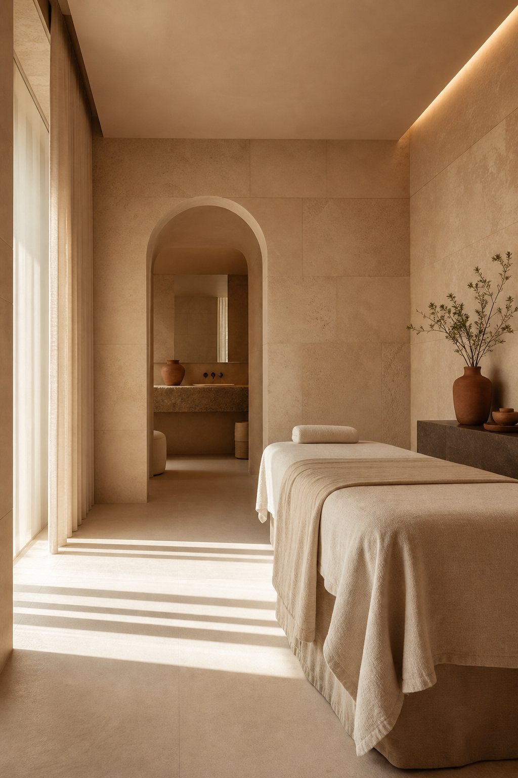 Lume studio interior — warm limestone, soft daylight, treatment table in cream linen